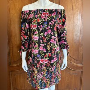 Vince Camuto Dress Off Shoulder Tie Sleeves Black Floral Shift Dress Size 4